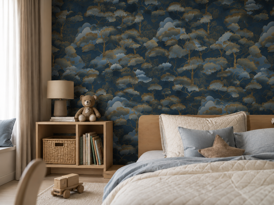 Erismann Elle Decoration 4 scenic wallpaper with stylized trees in navy blue tones and gold accents