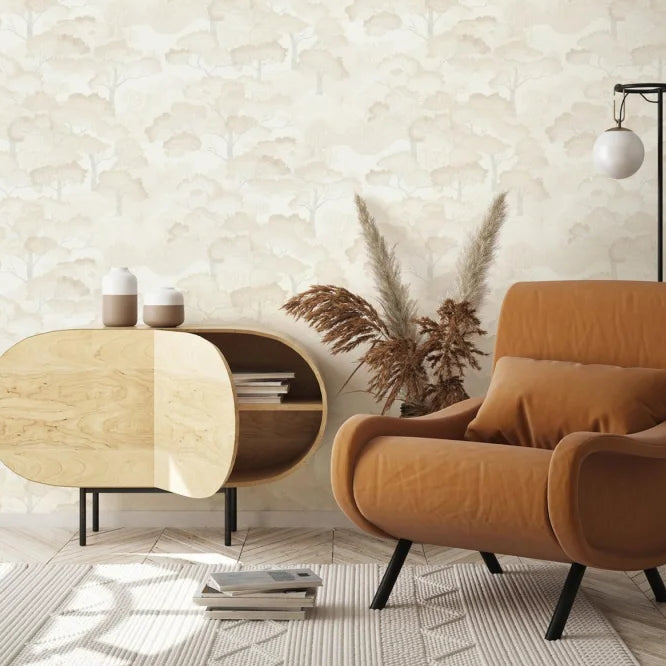 Erismann Elle Decoration 4 light scenic wallpaper with layered trees in warm cream tones