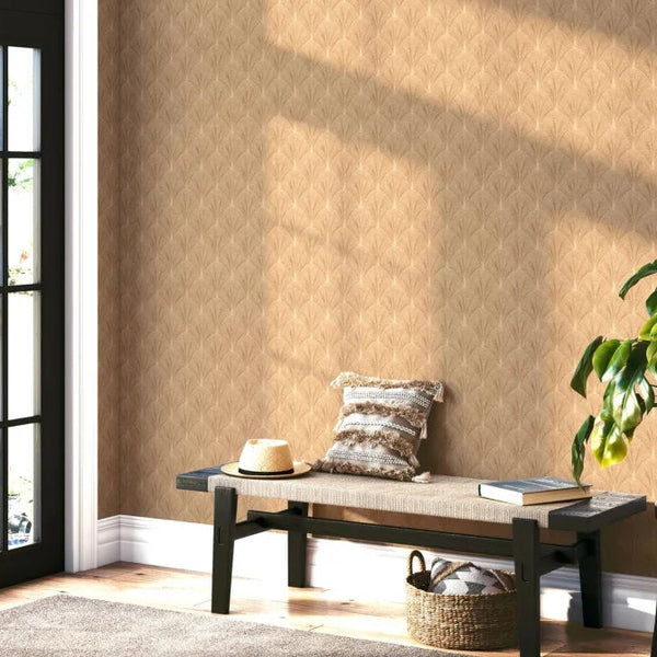 Erismann Elle Decoration subtle Art Deco fan wallpaper in beige and brown tones in a hallway behind a bench