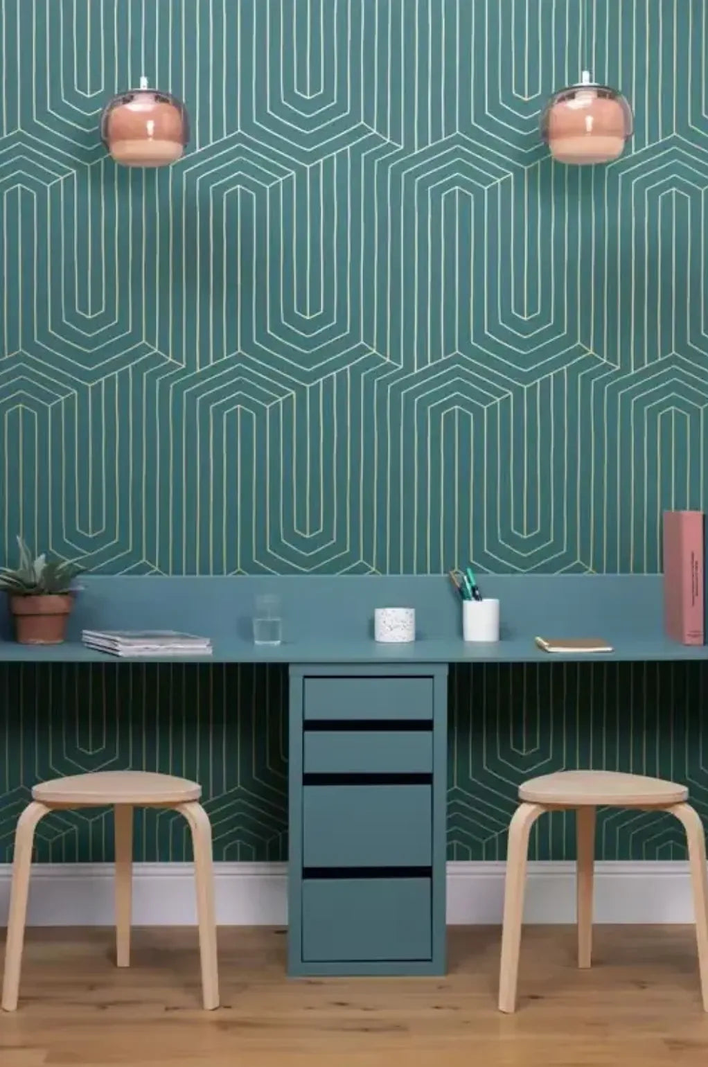 Closeup of a wallpaper showing its Art-Deco, Geometric pattern, color, and subtle texture.