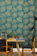 Wallpaper installed in a room showing its full pattern, color