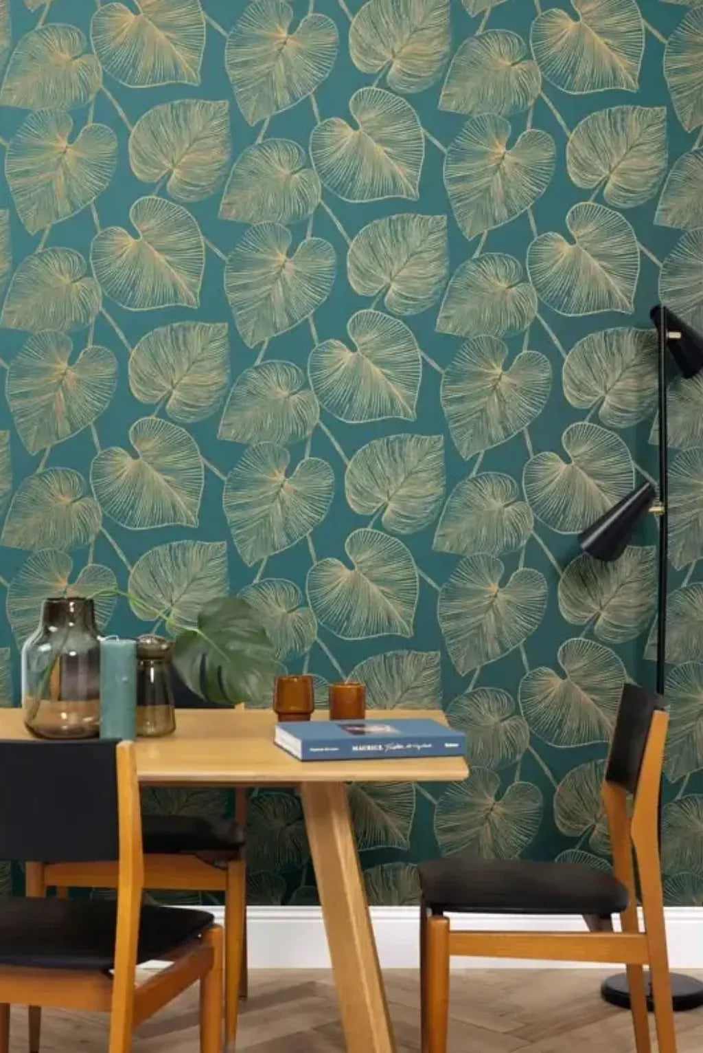 Wallpaper installed in a room showing its full pattern, color