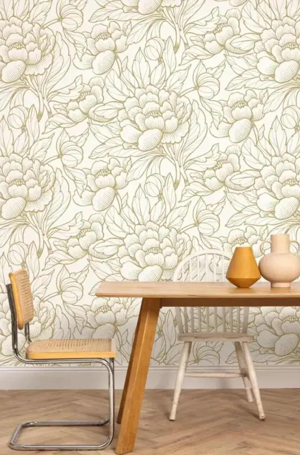 Wallpaper installed in a room showing its full pattern, color