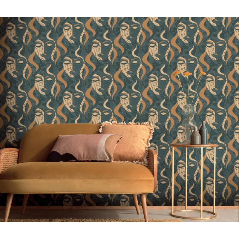 Erismann Elle Decoration abstract face wallpaper in deep teal and gold tones with Art Deco styling
