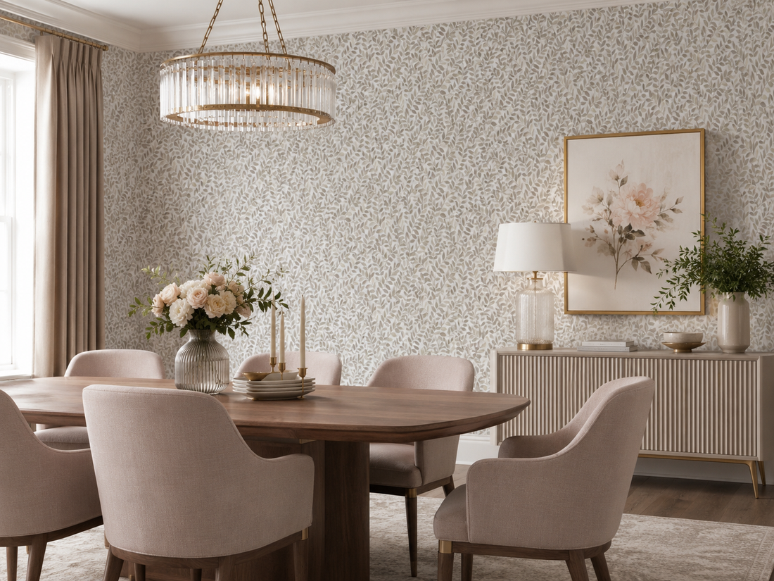 Erismann Opus 10462-11 taupe leafy botanical wallpaper on a crisp white background.