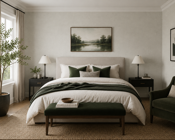 Modern bedroom with a textured Erismann wallpaper
