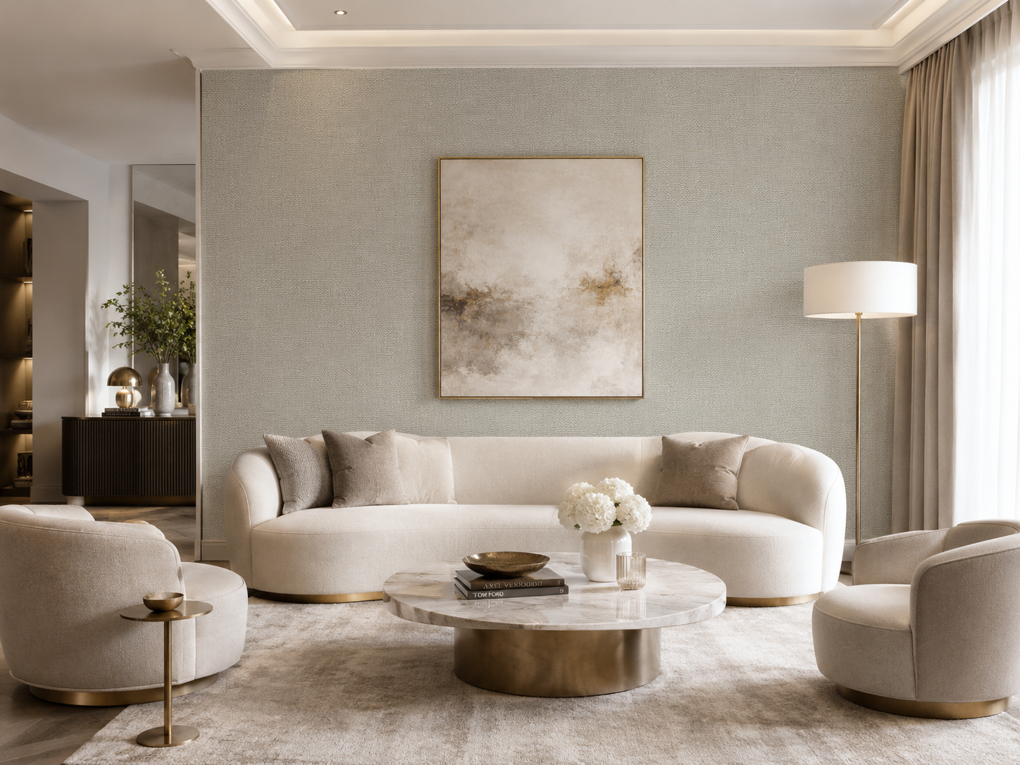Modern living room with Erismann textured wallpaper in the background 