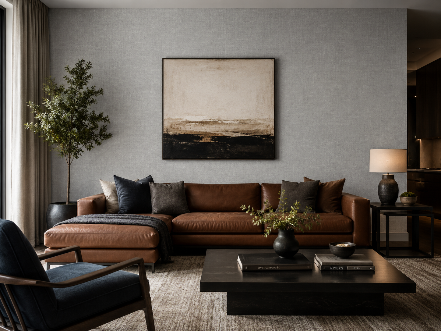 Modern living room with brown sofa, coffee table, and a rich textured Erismann wallpaper