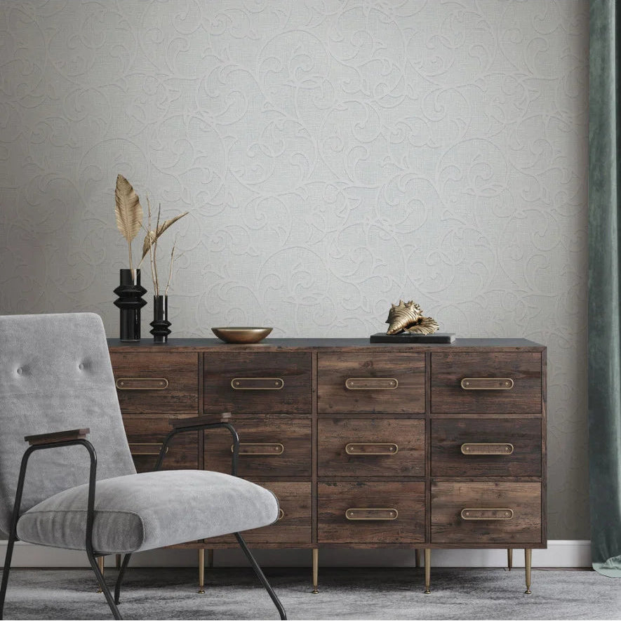 Intricate Erismann wallpaper with modern furniture in a living room setting. 