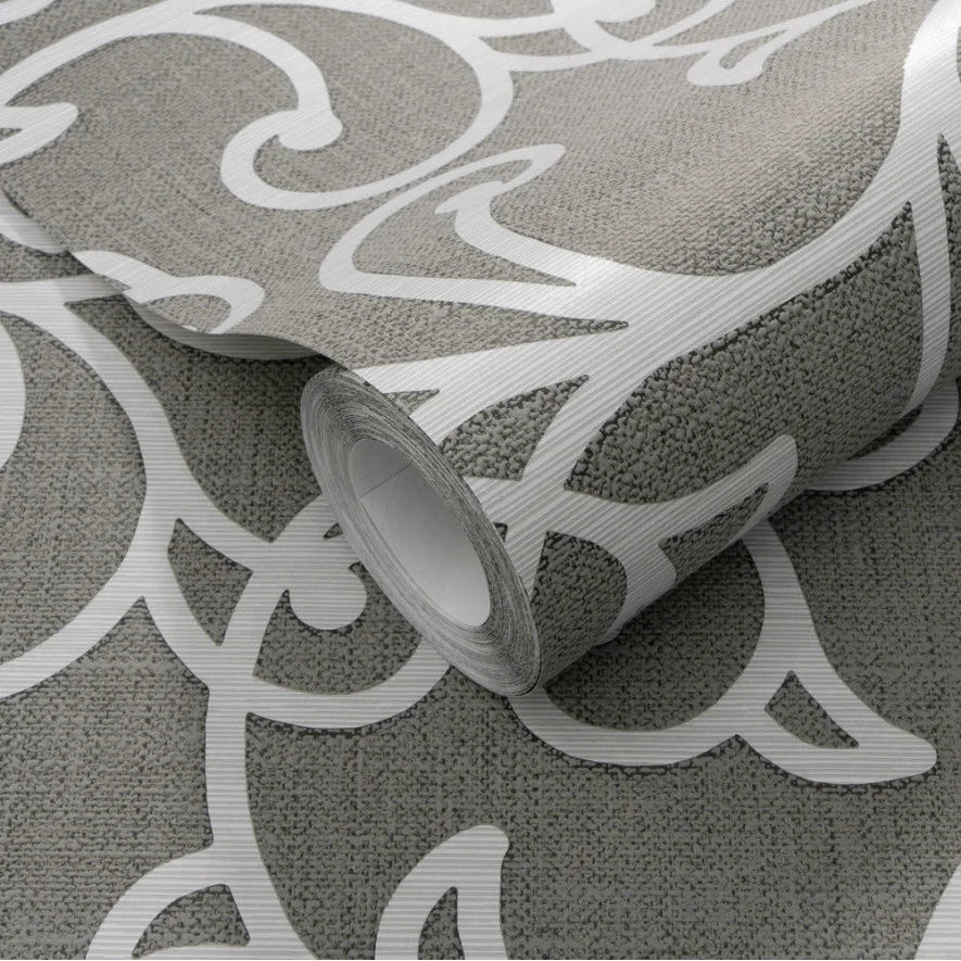 Roll of gray wallpaper with white traditional pattern