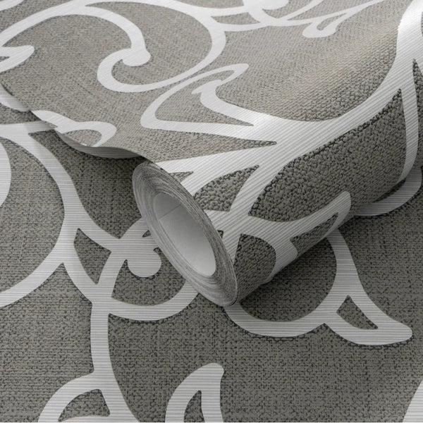 Roll of gray wallpaper with white traditional pattern