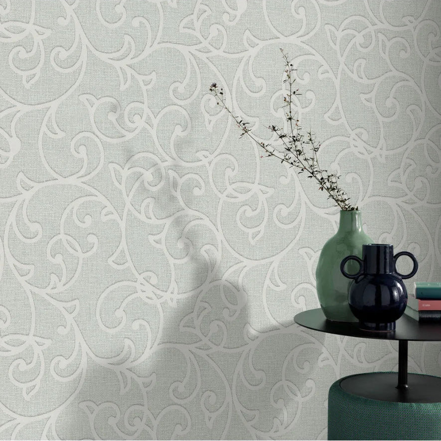 Erismann Opus 10467-24 sage green ornamental scroll damask wallpaper with a linen-like texture.