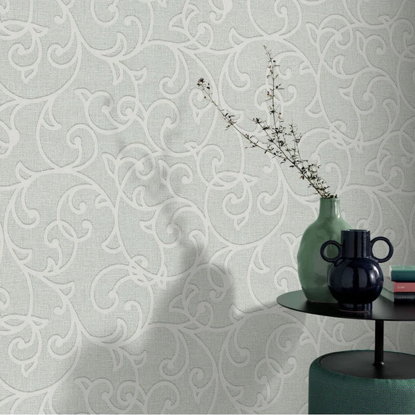 Decorative wallpaper with a subtle pattern, featuring a small table with vases against it.