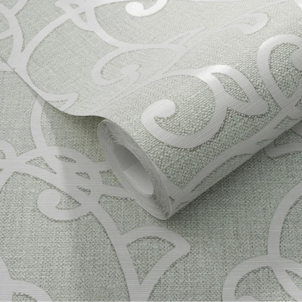 Green textured Erismann wallpaper with white swirl pattern
