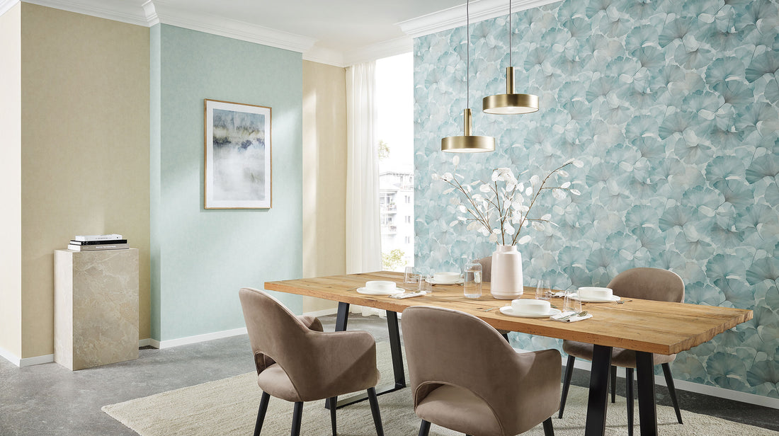 Erismann Elysium 10470-31 wallpaper with large light grey ginkgo leaves on a crisp white background.