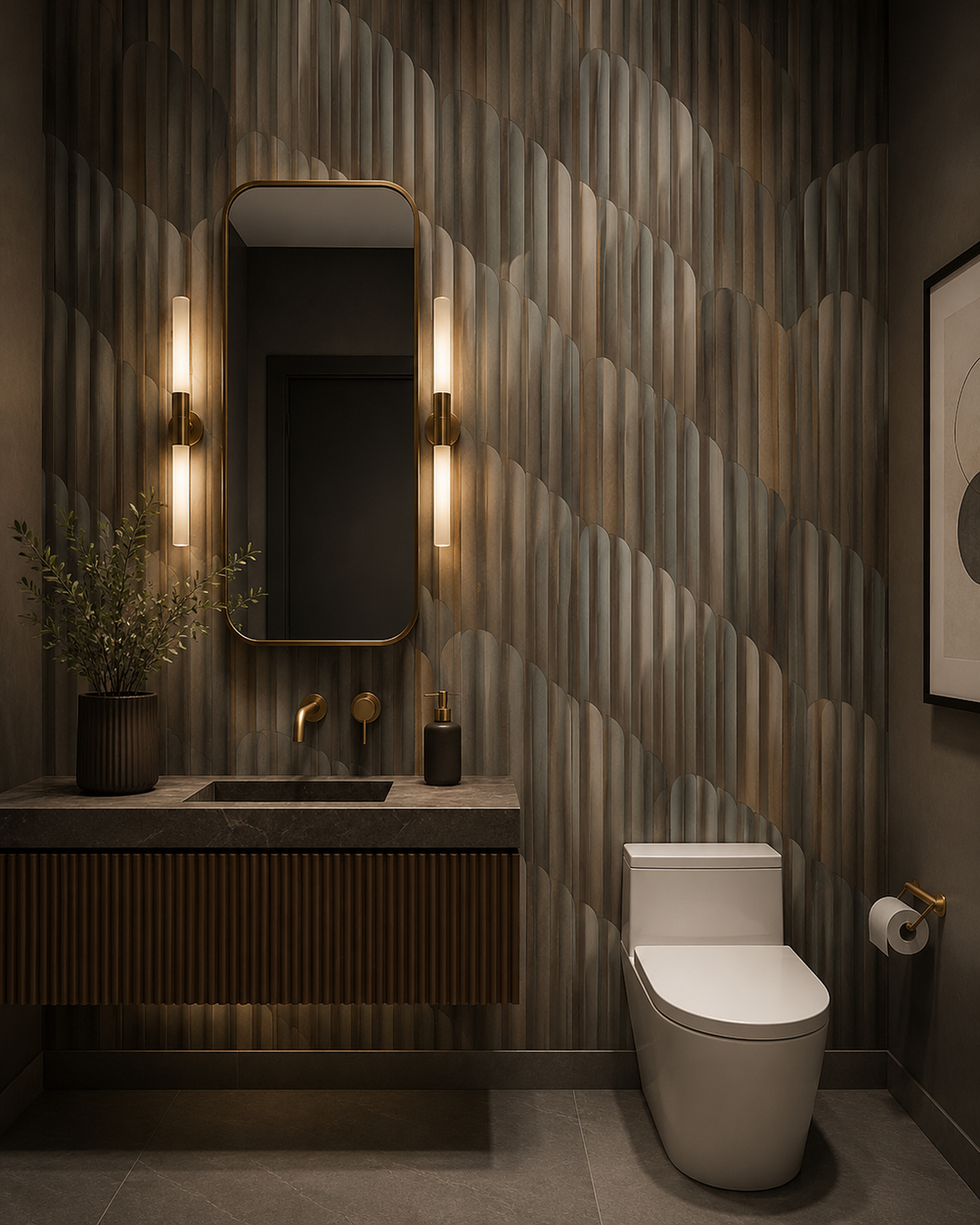 Erismann Elysium abstract geometric wallpaper featuring layered vertical arches in warm beige, taupe, gray and subtle gold tones, creating a sophisticated Art Deco inspired pattern with depth and architectural rhythm.