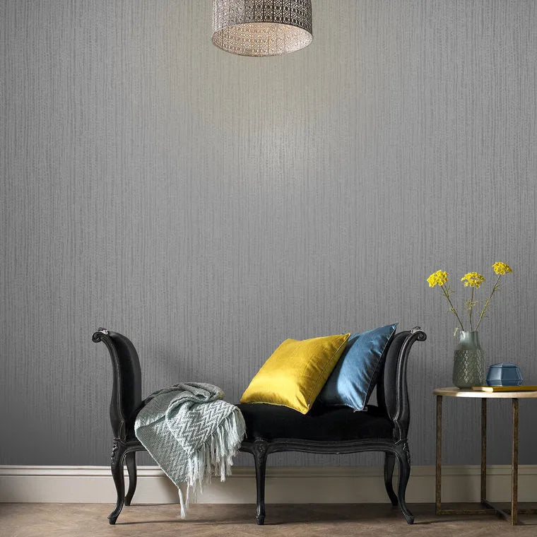 Closeup of a wallpaper showing its Contemporary, Grey, Stripes, Unicolour pattern, color, and subtle texture.