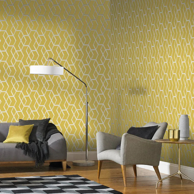 Wallpaper installed in a room showing its full pattern, color