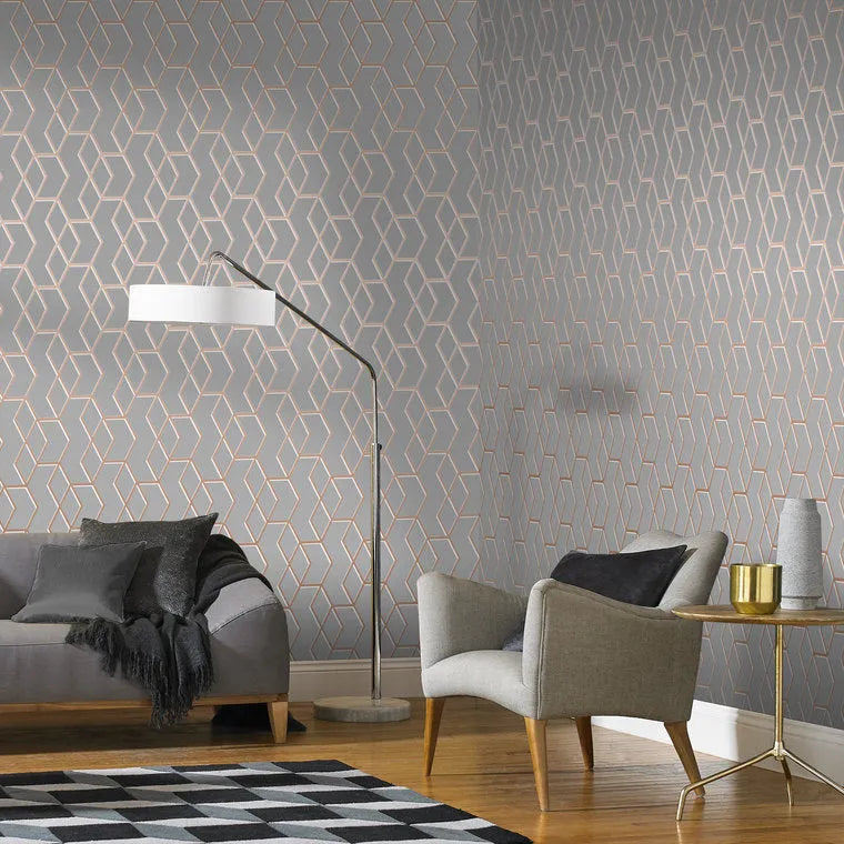 Wallpaper installed in a room showing its full pattern, color