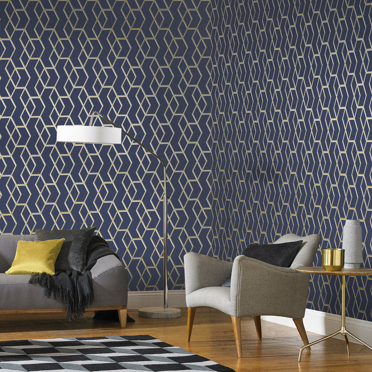 Closeup of a wallpaper showing its Blue, Contemporary, Geometric, Gold, Metallic, Two-tone pattern, color, and subtle texture.