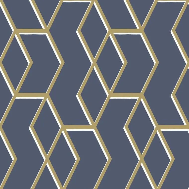 Closeup of a wallpaper showing its Blue, Contemporary, Geometric, Gold, Metallic, Two-tone pattern, color, and subtle texture.