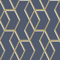 Closeup of a wallpaper showing its Blue, Contemporary, Geometric, Gold, Metallic, Two-tone pattern, color, and subtle texture.