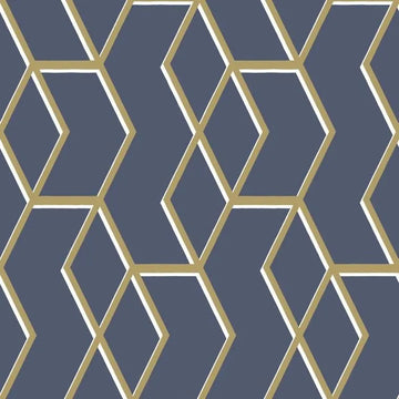 Closeup of a wallpaper showing its Blue, Contemporary, Geometric, Gold, Metallic, Two-tone pattern, color, and subtle texture.