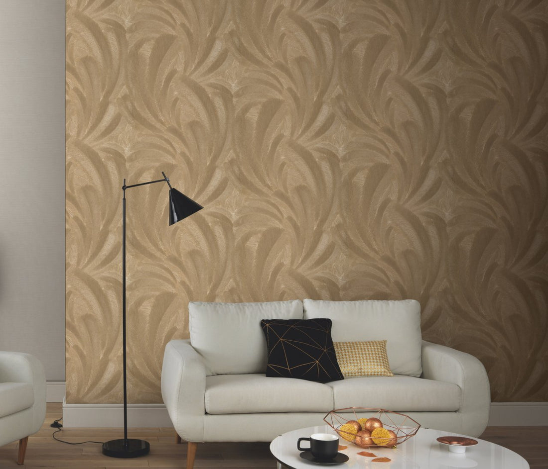 Erismann Elysium botanical wallpaper with layered feather-like leaves in soft champagne and warm gold tones, enhanced by fine linear texture and subtle tonal variation for an elegant, luminous finish.