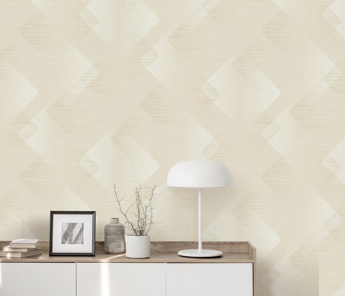 Erismann Elysium geometric wallpaper featuring soft overlapping shapes in beige, off-white, and light gray tones with a subtle linear texture, creating a calm and minimalist modern aesthetic.