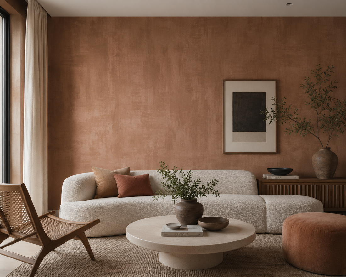 Erismann Elysium abstract wallpaper with layered block textures in rich brown, taupe, and warm beige tones, creating a deep earthy modern look.