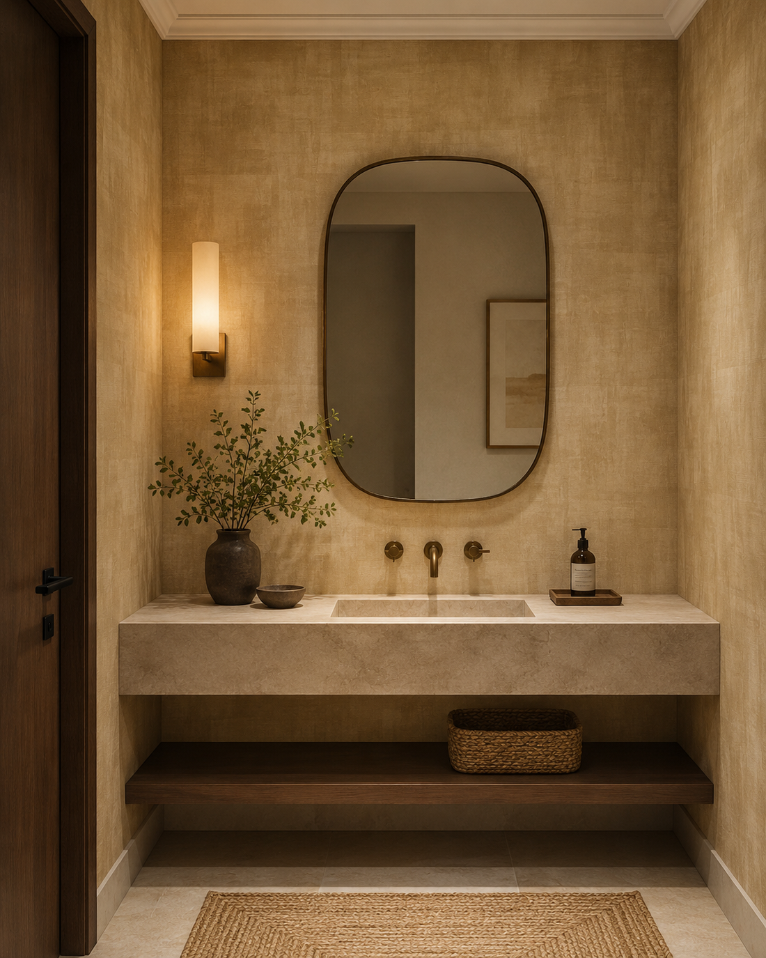 Erismann Elysium abstract wallpaper with layered block textures in warm beige, brown, and soft gold tones, creating a subtle earthy modern look.