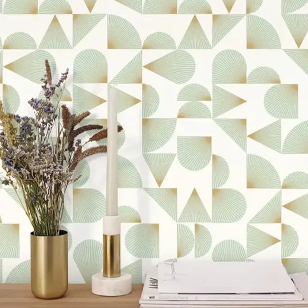 Closeup of a wallpaper showing its Art-Deco, Geometric pattern, color, and subtle texture.