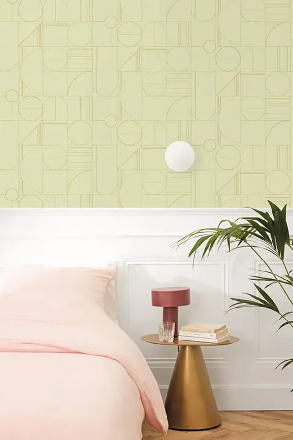Wallpaper installed in a room showing its full pattern, color