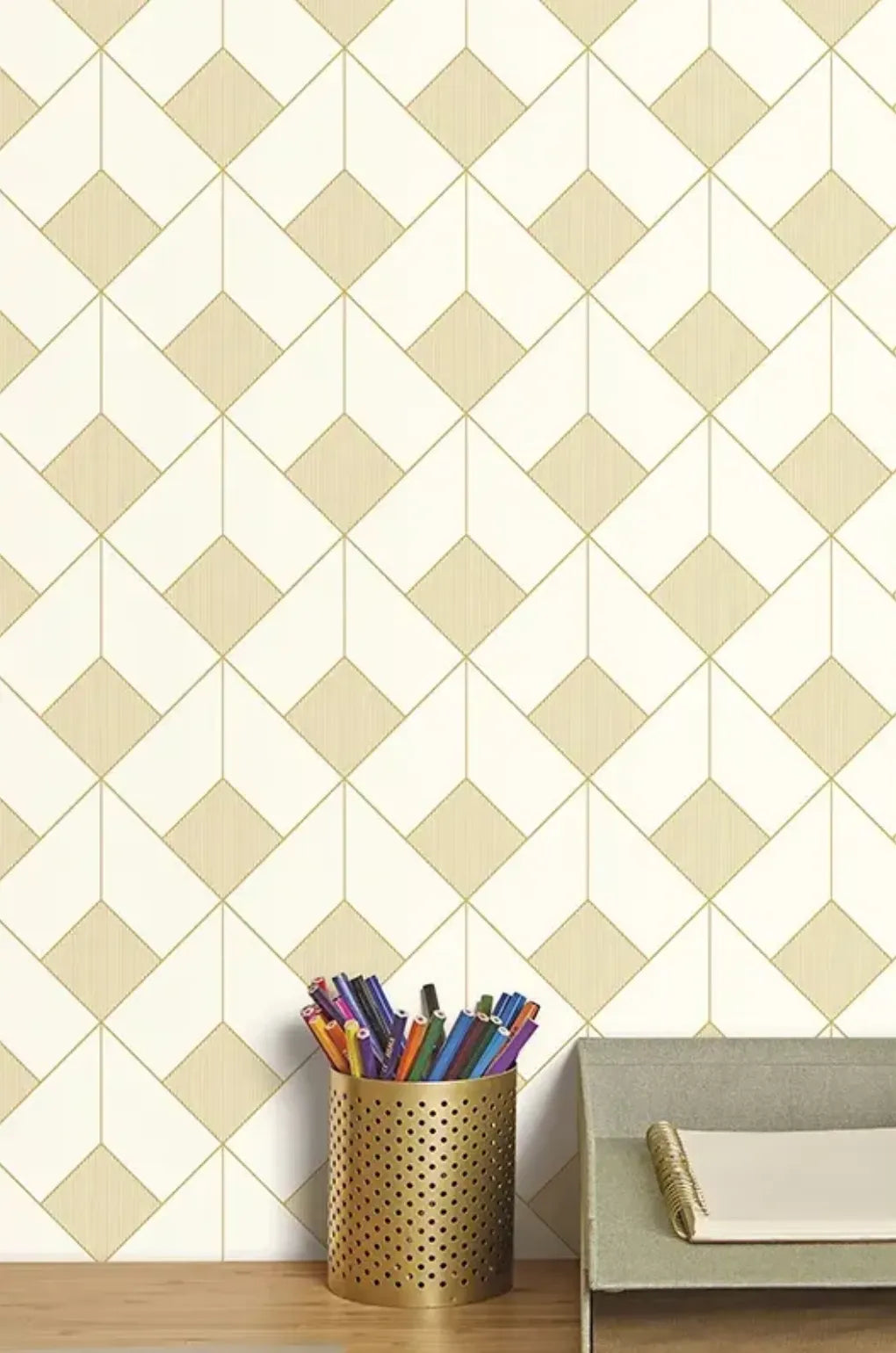 Closeup of a wallpaper showing its Art-Deco, Geometric, Neutrals, Two-tone pattern, color, and subtle texture.