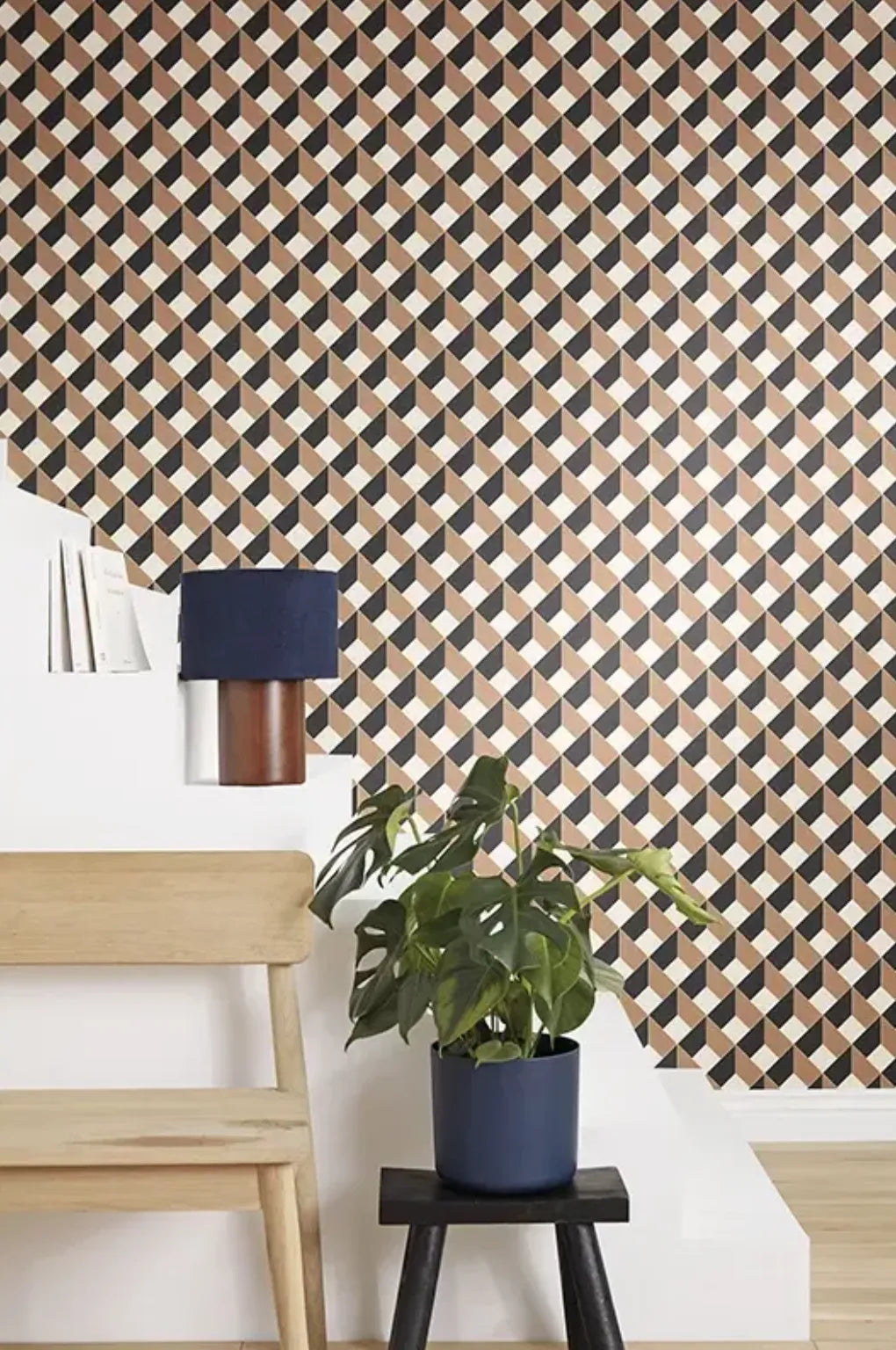 Closeup of a wallpaper showing its Art-Deco, Geometric pattern, color, and subtle texture.