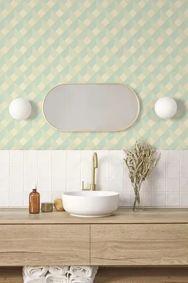 Wallpaper installed in a room showing its full pattern, color