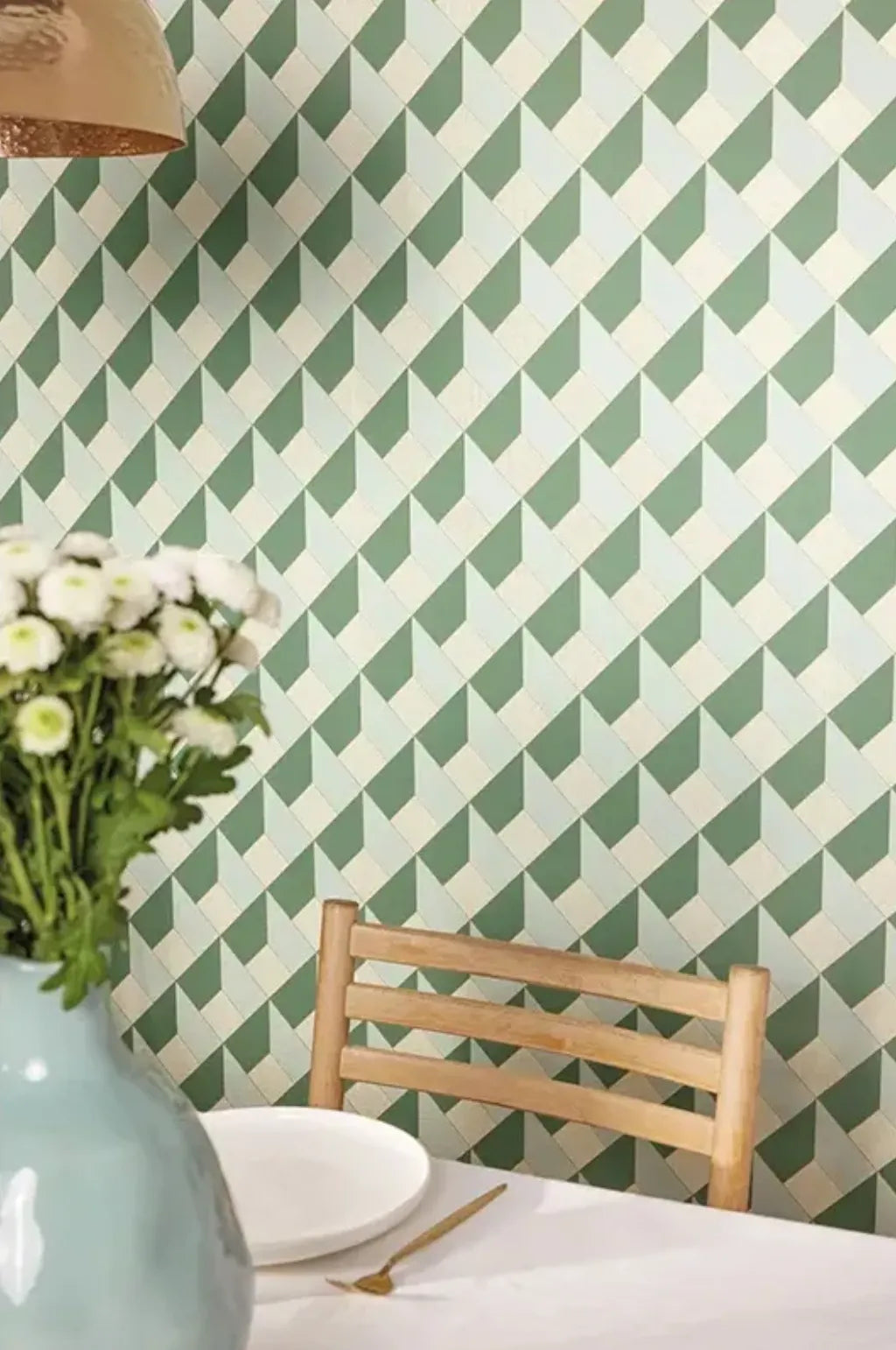 Closeup of a wallpaper showing its Art-Deco, Geometric pattern, color, and subtle texture.