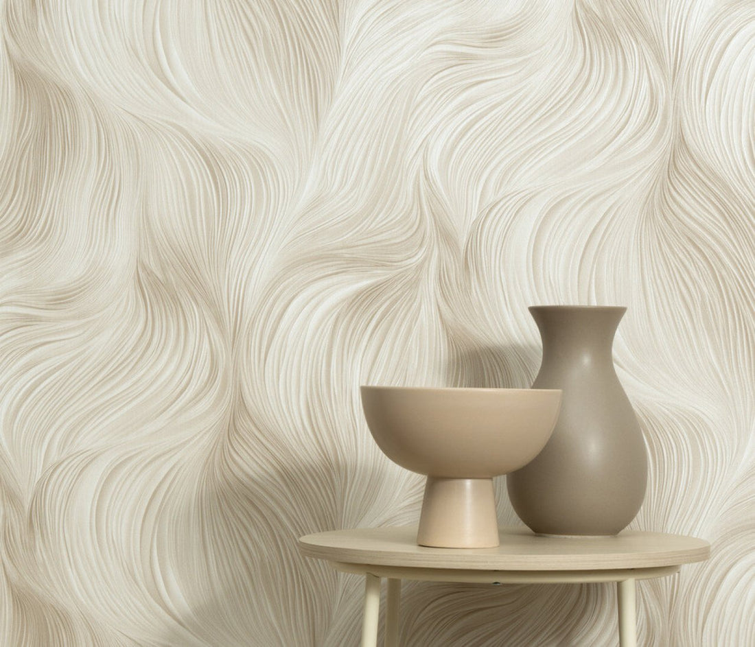 Erismann Fashion for Walls 5 abstract wave wallpaper with soft flowing lines in white, beige, and gray tones, creating a calm modern textured look.