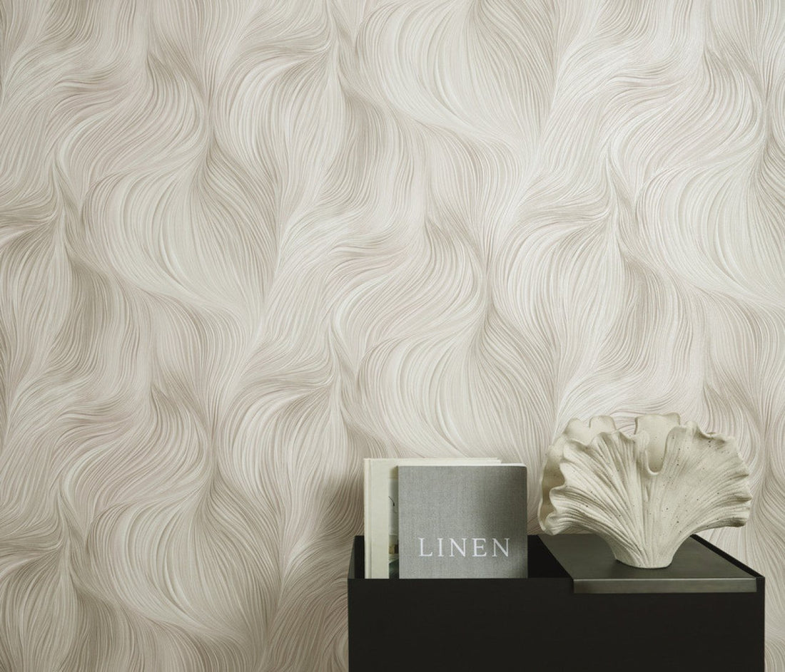 Erismann Fashion for Walls 5 abstract wave wallpaper with fine flowing lines in white, beige, and soft gray tones creating a subtle textured modern look.