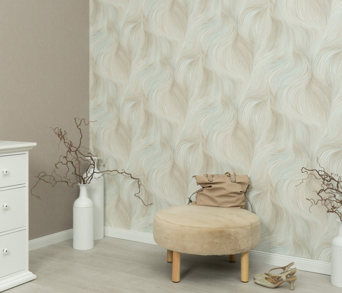 Erismann Fashion for Walls 5 abstract wave wallpaper with flowing lines in soft green, beige, and white tones creating a calm organic modern look.