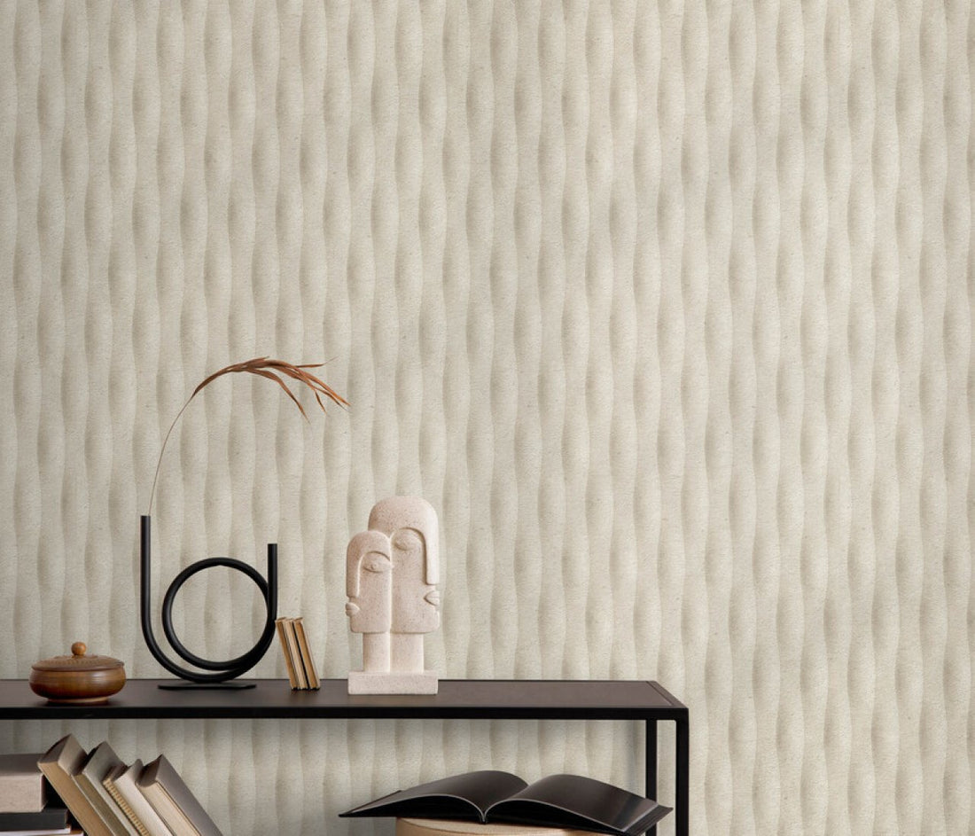 Erismann Fashion for Walls 5 textured stripe wallpaper with soft vertical lines in beige, white, and gray tones creating a subtle modern look.