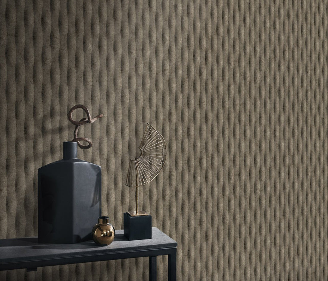 Erismann Fashion for Walls 5 textured vertical wave stripe wallpaper in brown, gray, and beige tones with a soft organic modern pattern.