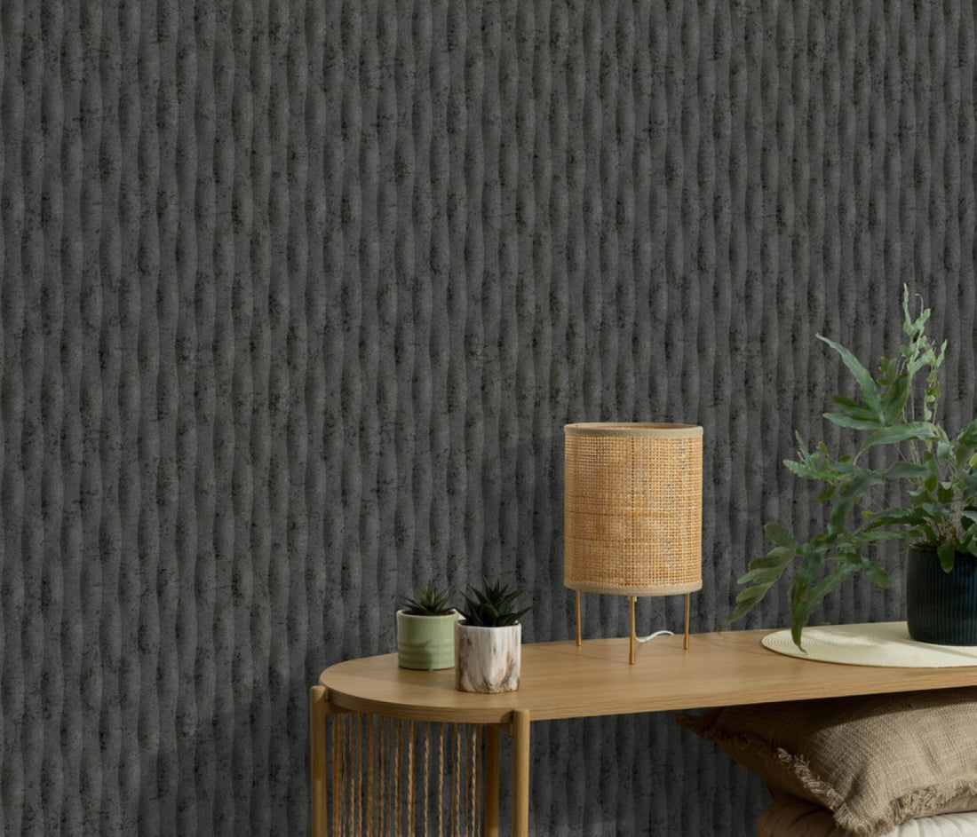 Erismann Fashion for Walls 5 textured vertical wave stripe wallpaper in black, charcoal, and gray tones with a bold industrial modern look.