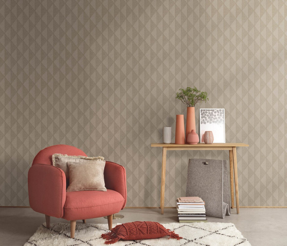 Brown geometric diamond wallpaper on a textured surface