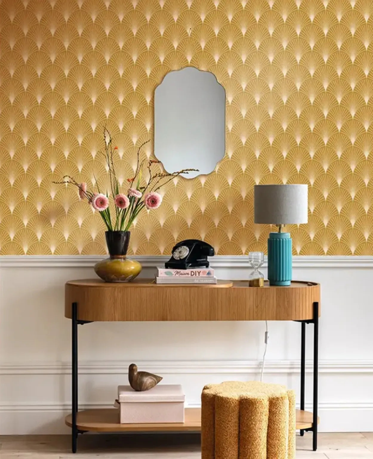 Wallpaper installed in a room showing its full pattern, color