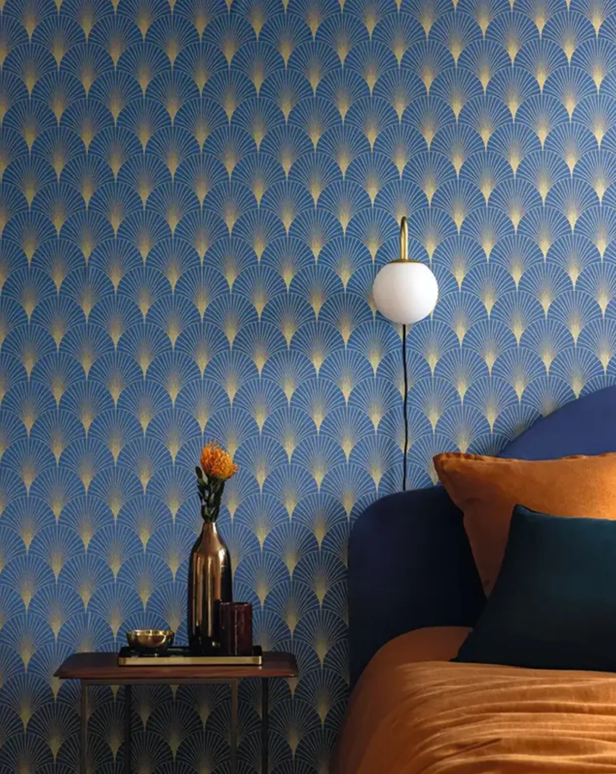 Wallpaper installed in a room showing its full pattern, color