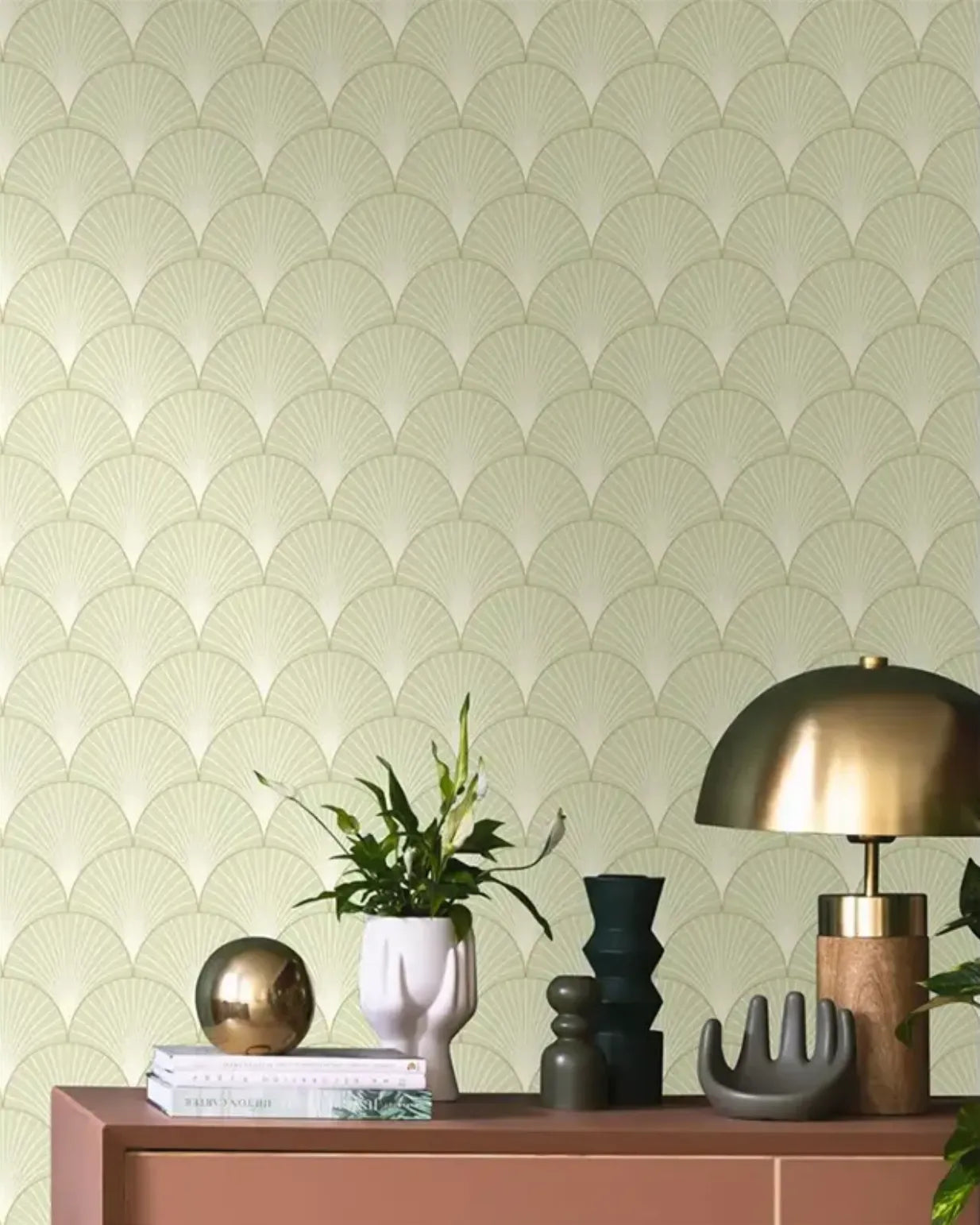 Wallpaper installed in a room showing its full pattern, color