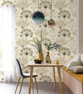 Wallpaper installed in a room showing its full pattern, color