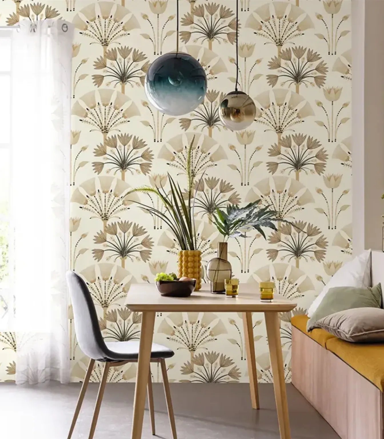 Wallpaper installed in a room showing its full pattern, color