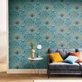 Wallpaper installed in a room showing its full pattern, color